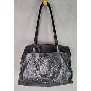 Patricia Nash Satchel Purse Tooled Studded Black Leather 13W x 10H Bottom Studs
